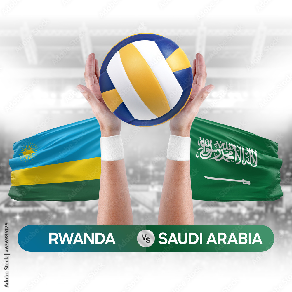 Rwanda vs Saudi Arabia national teams volleyball volley ball match competition concept.