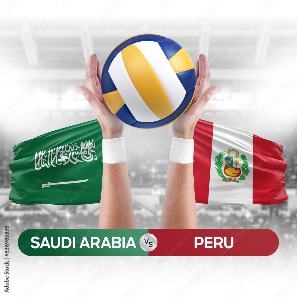 Saudi Arabia vs Peru national teams volleyball volley ball match competition concept.