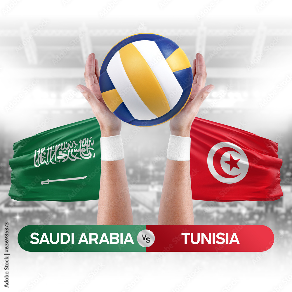 Saudi Arabia vs Tunisia national teams volleyball volley ball match competition concept.