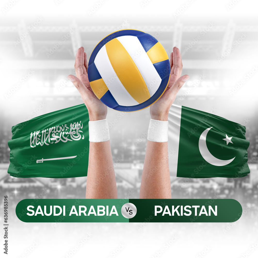 Saudi Arabia vs Pakistan national teams volleyball volley ball match competition concept.