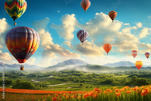 Hot air balloons fly in sunset sky against background. 