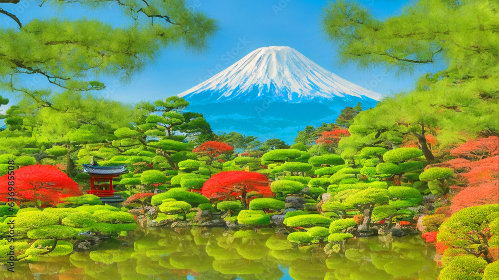 Serene japanese garden with Mount Fuji niwaki cloud trees koi pond acer