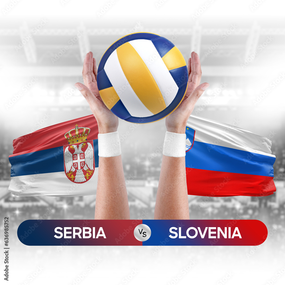 Serbia vs Slovenia national teams volleyball volley ball match competition concept.