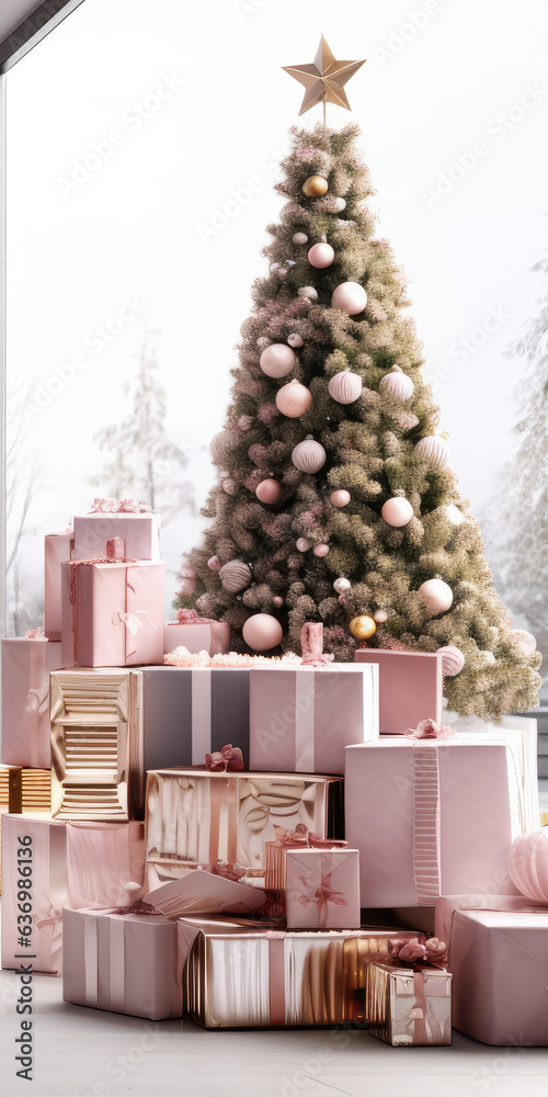 Decorated Christmas tree with pink presents in living room, Vertical Banner 