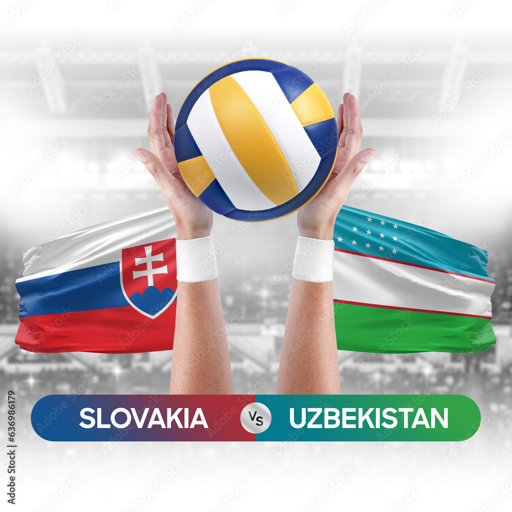 Slovakia vs Uzbekistan national teams volleyball volley ball match competition concept.
