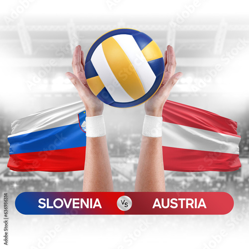 Slovenia vs Austria national teams volleyball volley ball match competition concept.