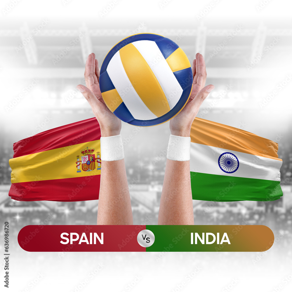 Spain vs India national teams volleyball volley ball match competition concept.