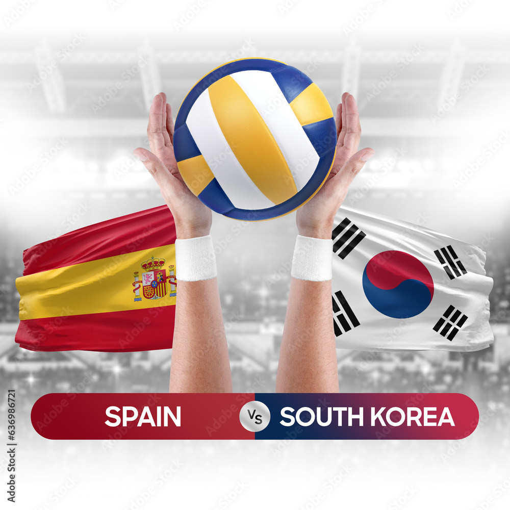 Spain vs South Korea national teams volleyball volley ball match competition concept.