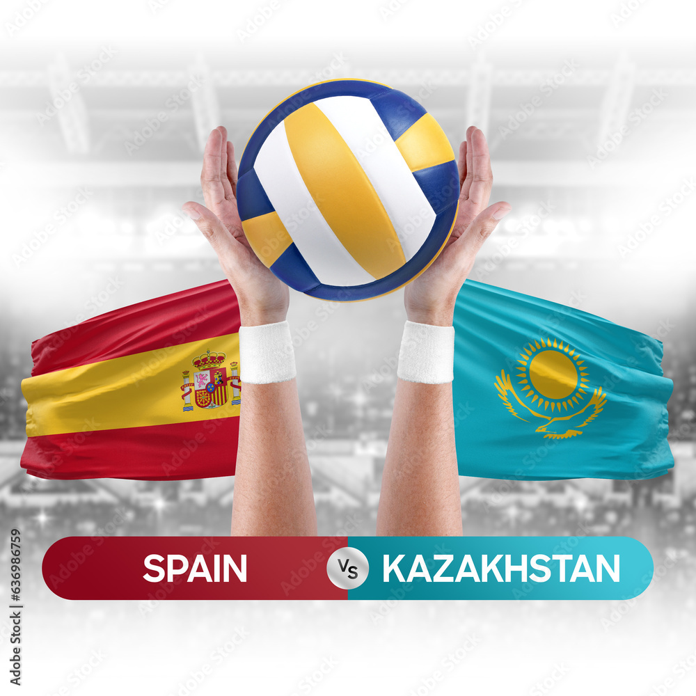 Spain vs Kazakhstan national teams volleyball volley ball match competition concept.