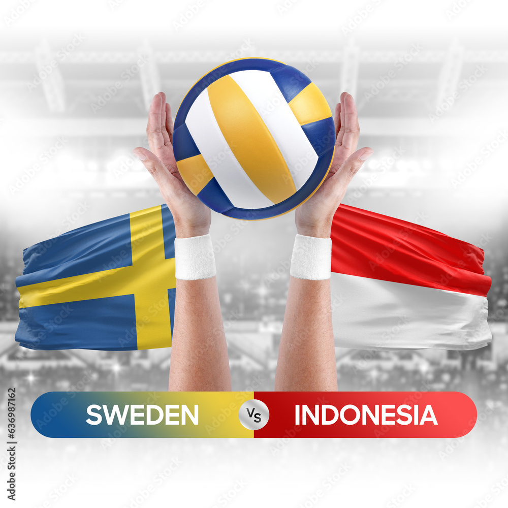 Sweden vs Indonesia national teams volleyball volley ball match competition concept.