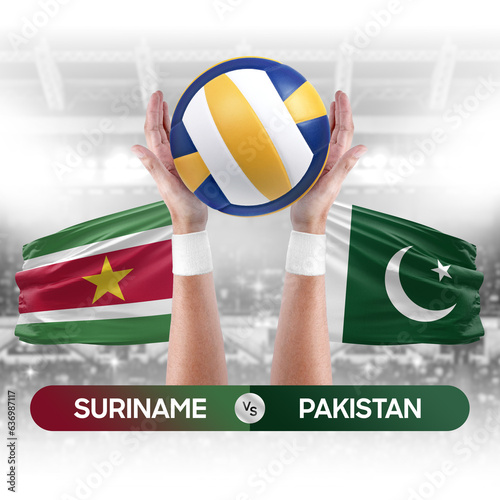 Suriname vs Pakistan national teams volleyball volley ball match competition concept.