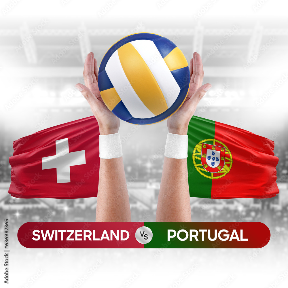 Switzerland vs Portugal national teams volleyball volley ball match competition concept.