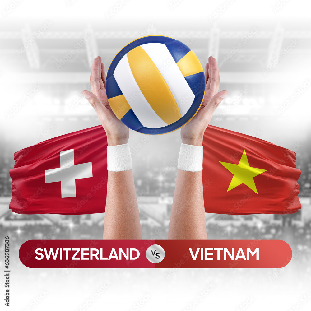 Switzerland vs Vietnam national teams volleyball volley ball match competition concept.