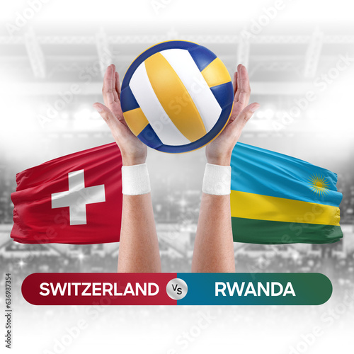 Switzerland vs Rwanda national teams volleyball volley ball match competition concept.