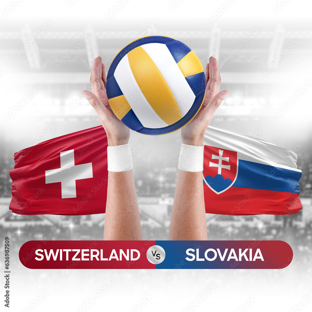 Switzerland vs Slovakia national teams volleyball volley ball match competition concept.