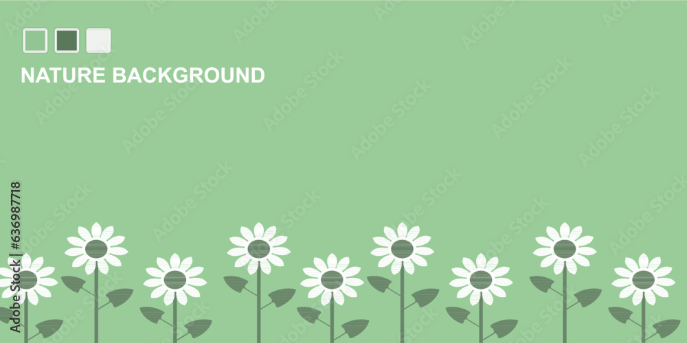 Minimalist nature background with beautiful flowers. cartoon style flowers. Green Color. Minimalist nature background with beautiful flowers. cartoon style flowers. Green Color.
