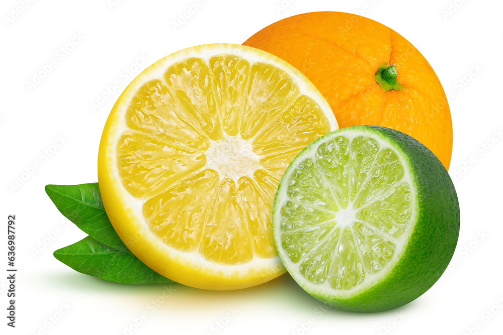 Lemon, orange and lime on an isolated white background. citruses. Whole and cut Lemon, orange and lime on an isolated white background. citruses. Whole and cut