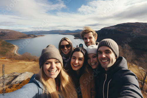 Friends capturing a group selfie with breathtaking scenery