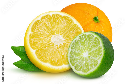 Lemon, orange and lime on an isolated white background. citruses. Whole and cut