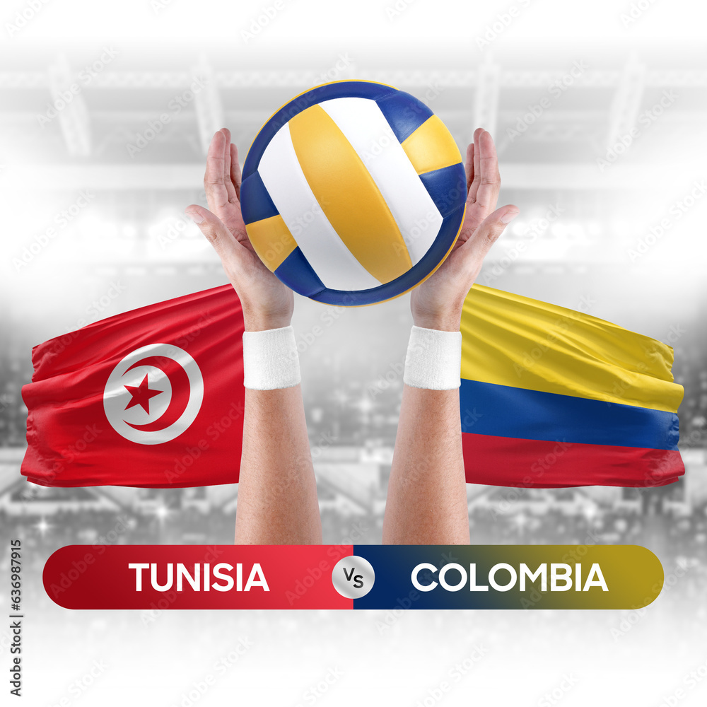 Tunisia vs Colombia national teams volleyball volley ball match competition concept.