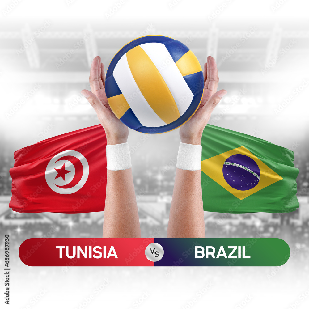 Tunisia vs Brazil national teams volleyball volley ball match competition concept.