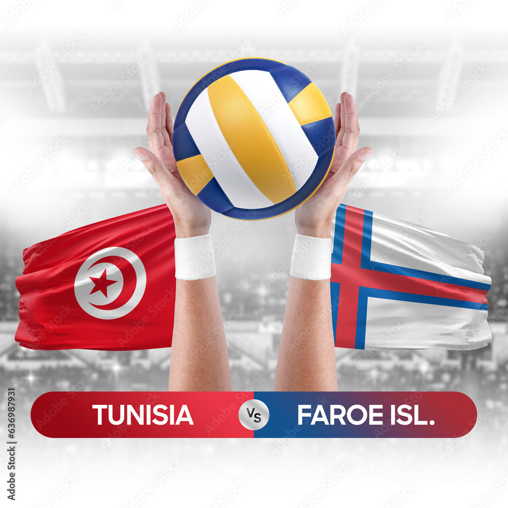 Tunisia vs Faroe Islands national teams volleyball volley ball match competition concept.