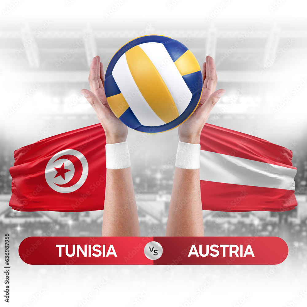 Tunisia vs Austria national teams volleyball volley ball match competition concept.