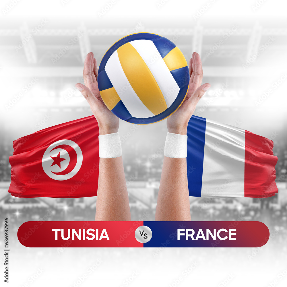 Tunisia vs France national teams volleyball volley ball match competition concept.