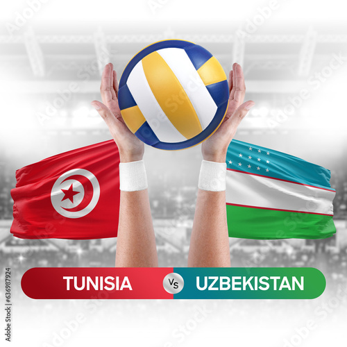 Tunisia vs Uzbekistan national teams volleyball volley ball match competition concept. photo