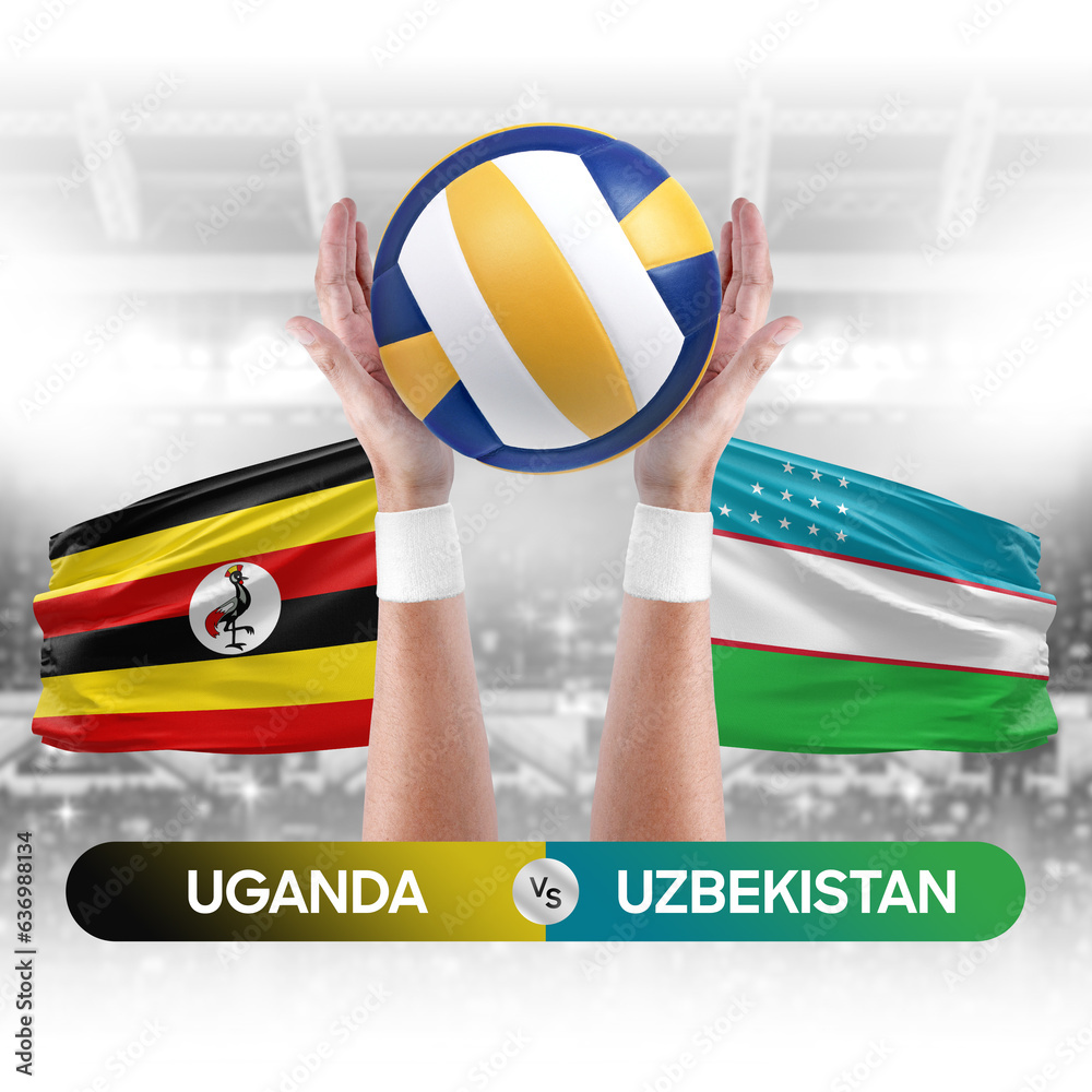 Uganda vs Uzbekistan national teams volleyball volley ball match competition concept.