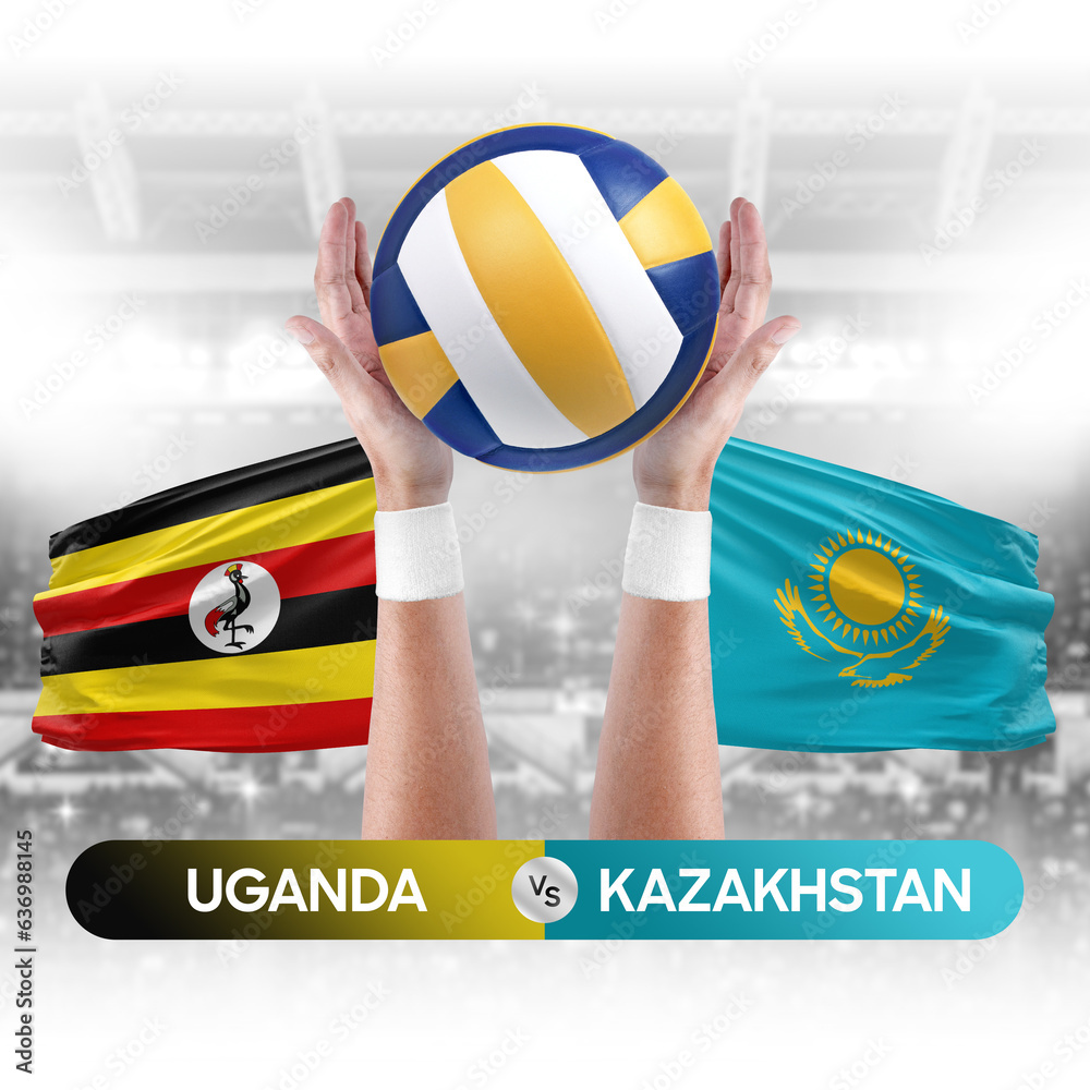 Uganda vs Kazakhstan national teams volleyball volley ball match competition concept.