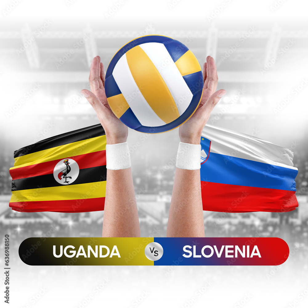 Uganda vs Slovenia national teams volleyball volley ball match competition concept.