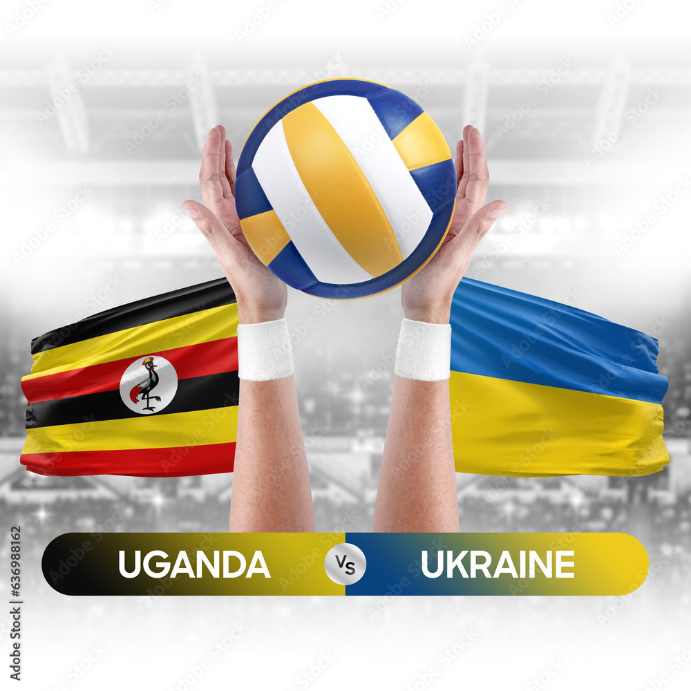 Uganda vs Ukraine national teams volleyball volley ball match competition concept.