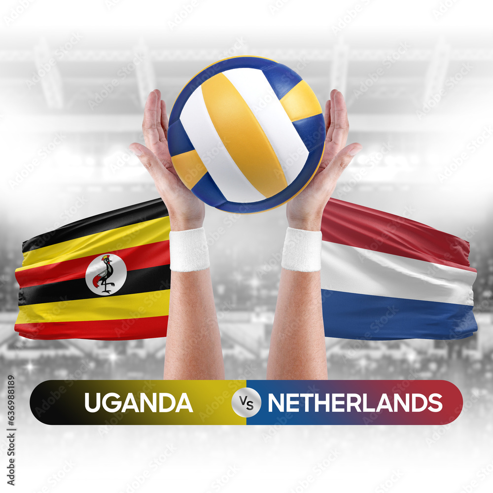 Uganda vs Netherlands national teams volleyball volley ball match competition concept.