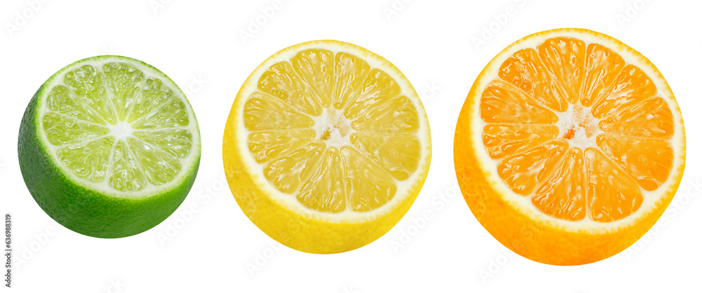 Collection of lemon, lime and orange slices on isolated white background. citrus fruits Collection of lemon, lime and orange slices on isolated white background. citrus fruits