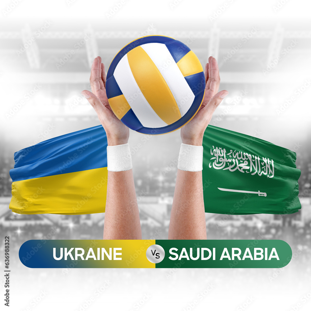 Ukraine vs Saudi Arabia national teams volleyball volley ball match competition concept.