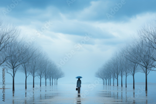 Feelings of depression, sadness, loneliness, melancholy. Blue Monday. Surreal word, nature, rows of leafless trees and lonely alone woman with umbrella in the center