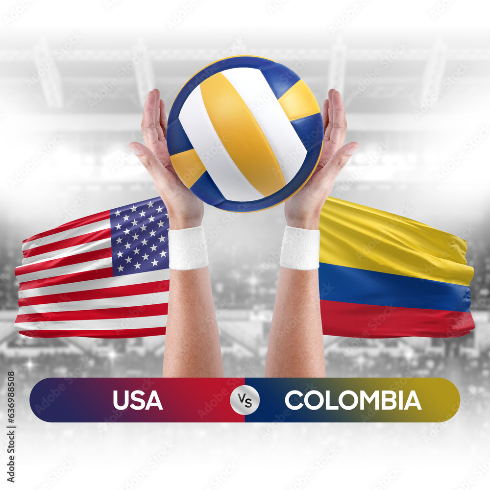 USA vs Colombia national teams volleyball volley ball match competition concept.