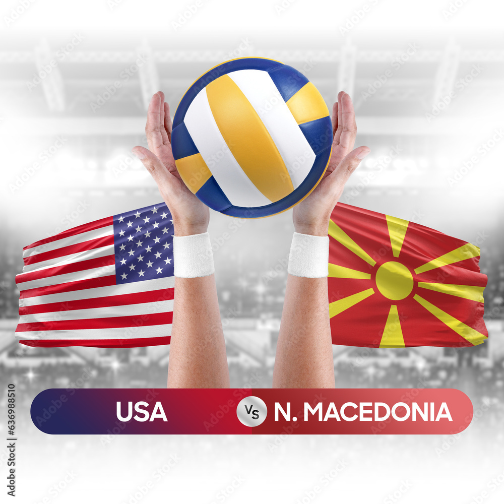 USA vs North Macedonia national teams volleyball volley ball match competition concept.