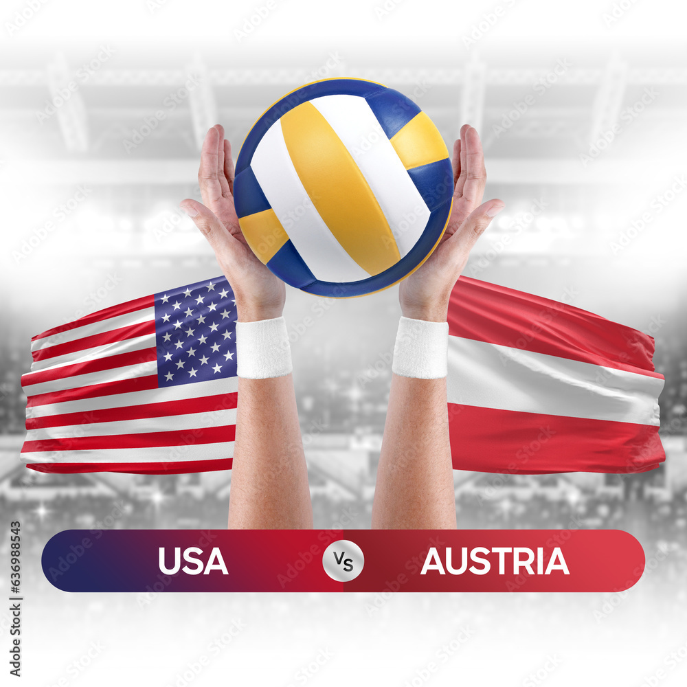USA vs Austria national teams volleyball volley ball match competition concept.