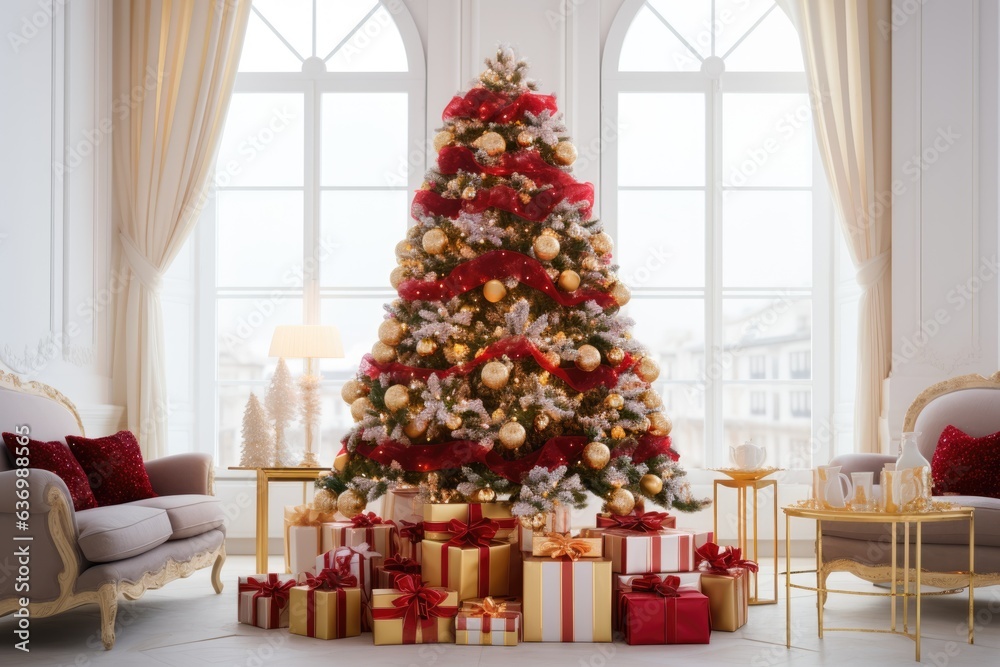 Christmas tree and gift boxes in red and golden colors in light white room interior
