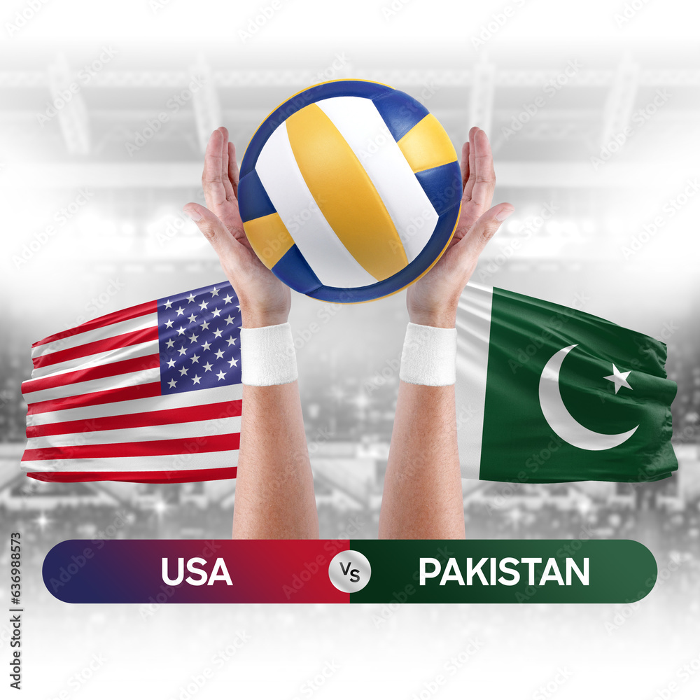USA vs Pakistan national teams volleyball volley ball match competition concept.