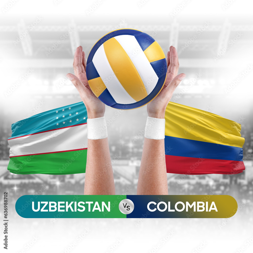 Uzbekistan vs Colombia national teams volleyball volley ball match competition concept.