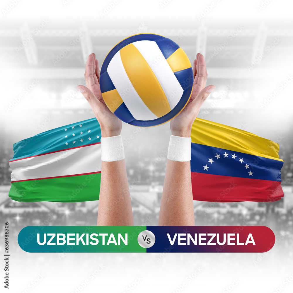 Uzbekistan vs Venezuela national teams volleyball volley ball match competition concept.