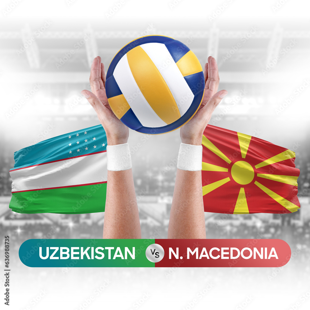 Uzbekistan vs North Macedonia national teams volleyball volley ball match competition concept.