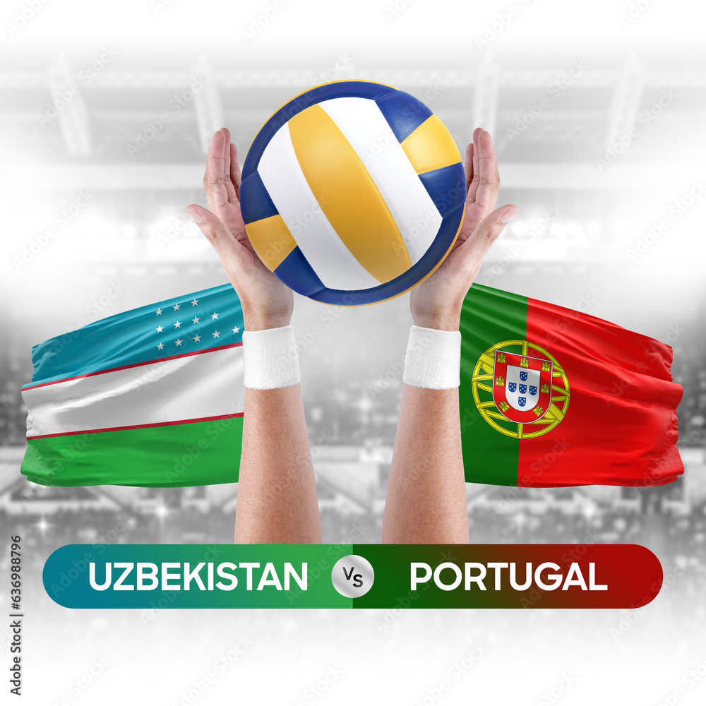 Uzbekistan vs Portugal national teams volleyball volley ball match competition concept.