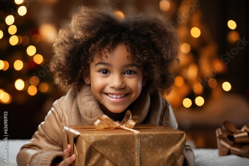 Happy smiling african american girl with christmas gift at xmas lights background © netrun78