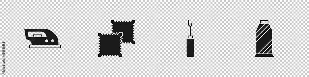 Fototapeta premium Set Electric iron, Textile fabric roll, Awl tool and Sewing thread spool icon. Vector
