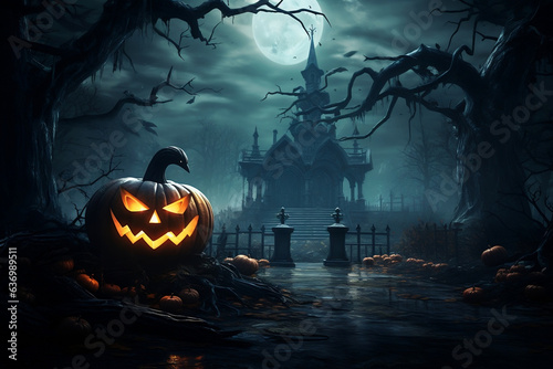 Eerie Jack-o-Lantern illuminated in a ghastly graveyard, chilling Halloween landscape