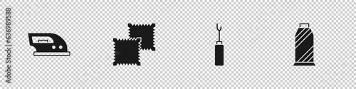Set Electric iron, Textile fabric roll, Awl tool and Sewing thread spool icon. Vector